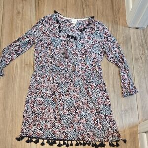 Knox Rose Navy Floral Tassel-Hem Long Sleeve Dress